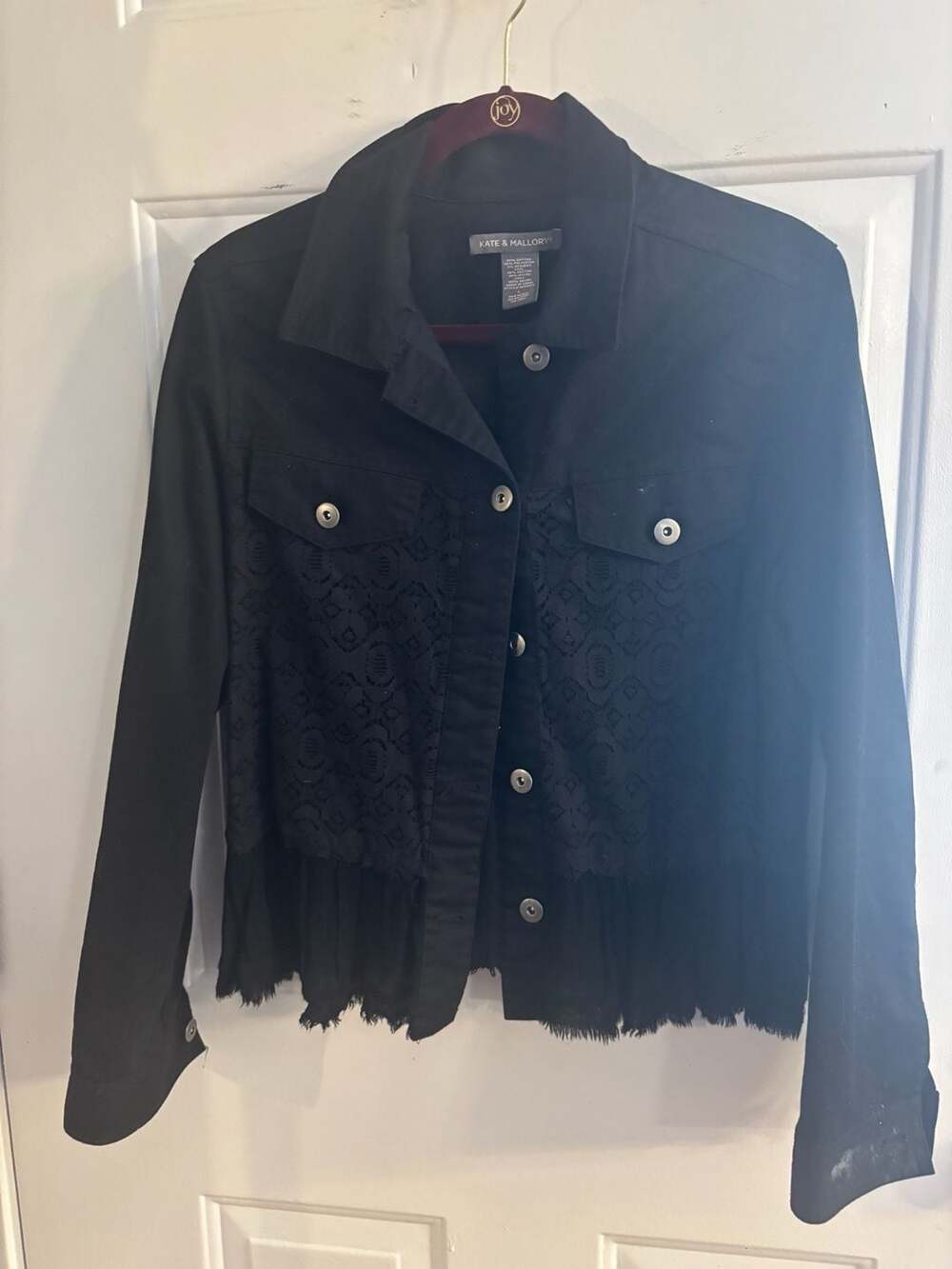 Kate & Mallory Black Denim Jacket with Lace and Ruffle Hem Size L